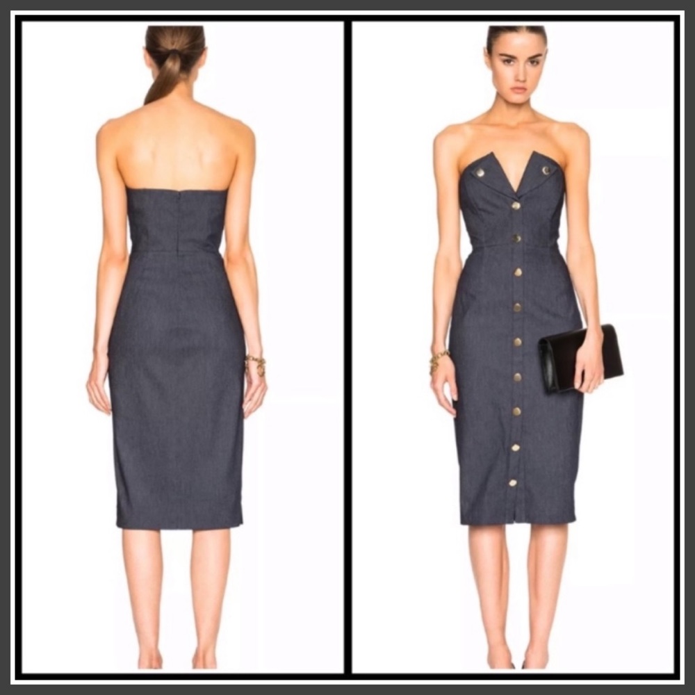 CUSHNIE Denim Corset Plunging MIDI Dress Medium